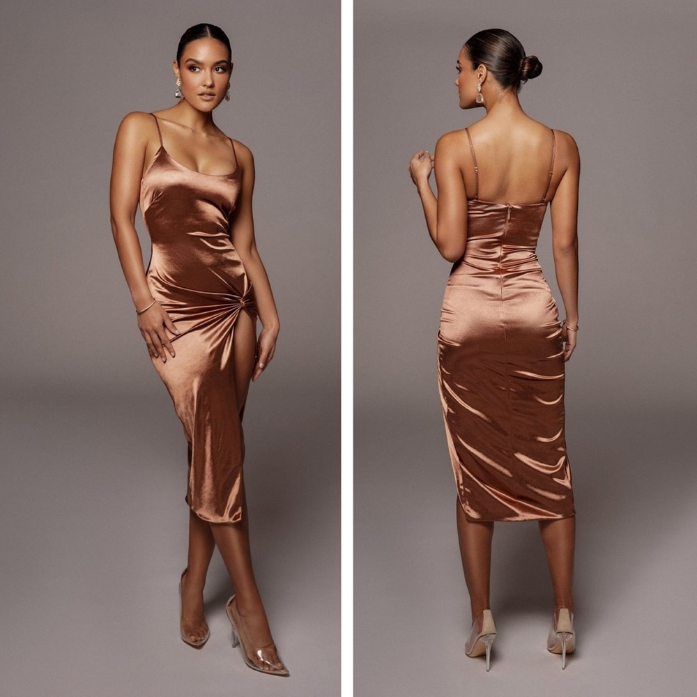 JLUXLABEL Aldis Brown Satin Slit Dress, BNWT.